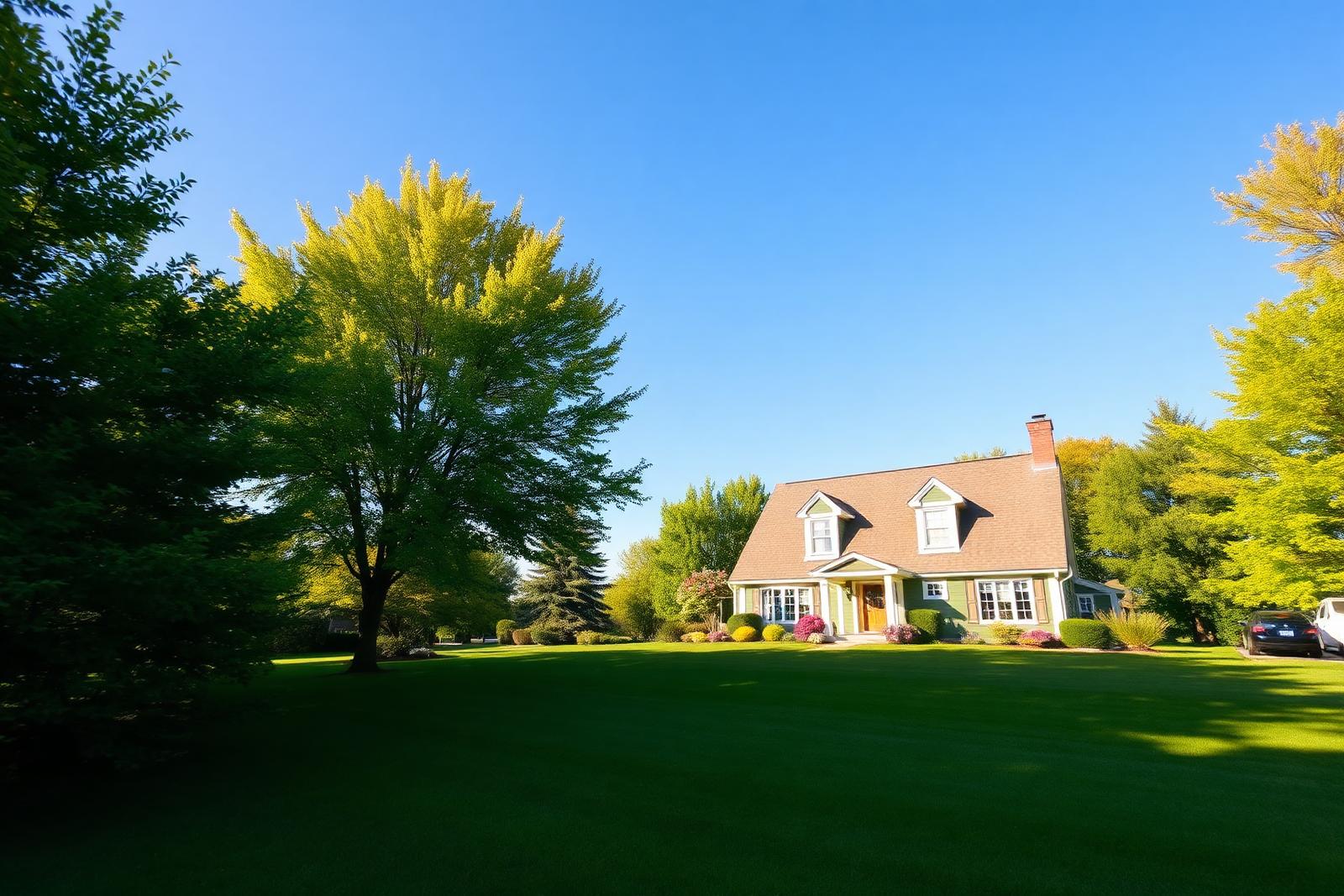 Canadian suburban home surrounded by green trees in summer